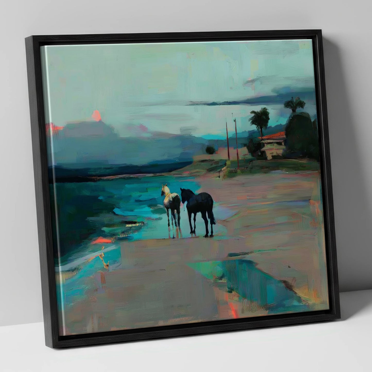Dusk on the Shoreline horse landscape canvas wall art in black frame