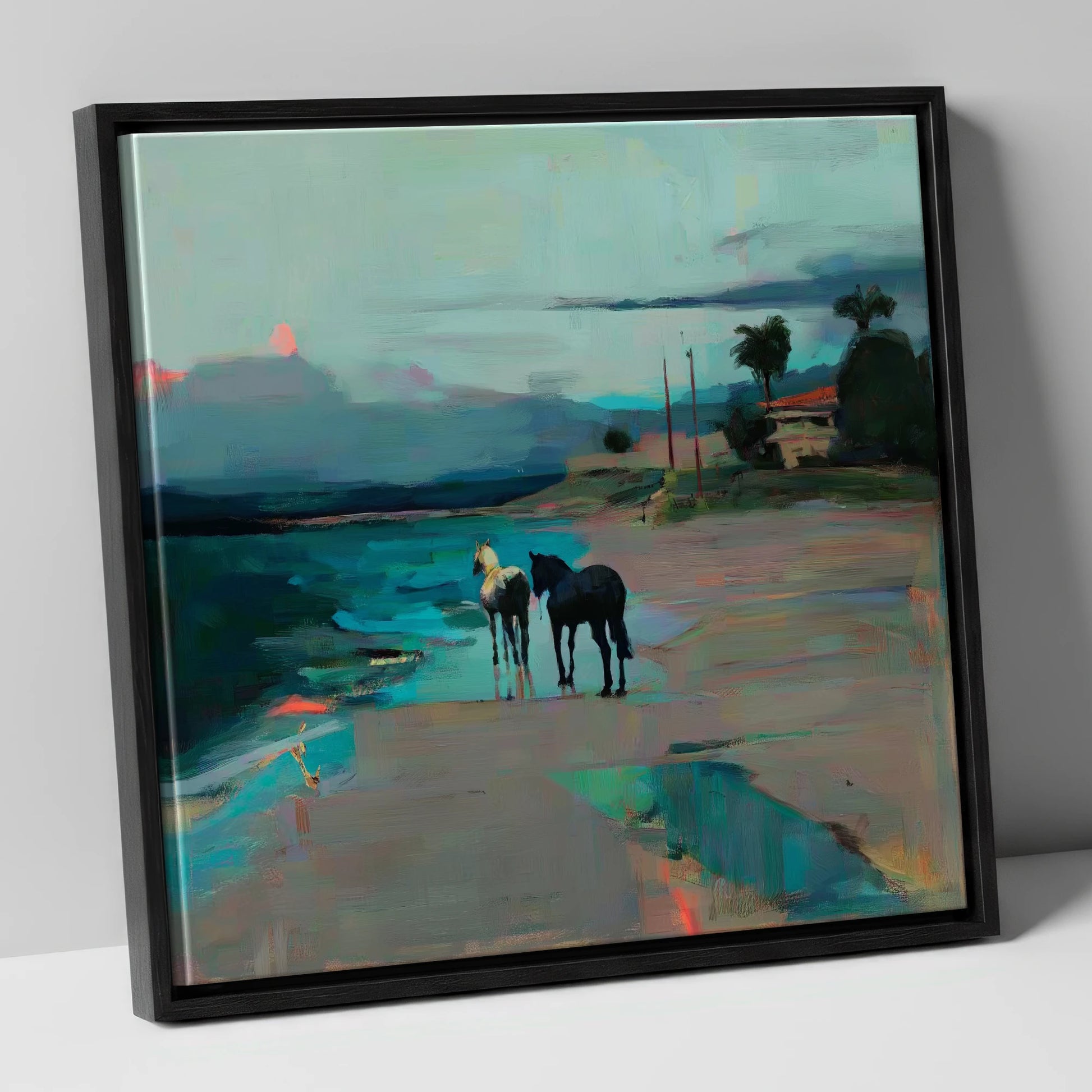 Dusk on the Shoreline horse landscape canvas wall art in black frame