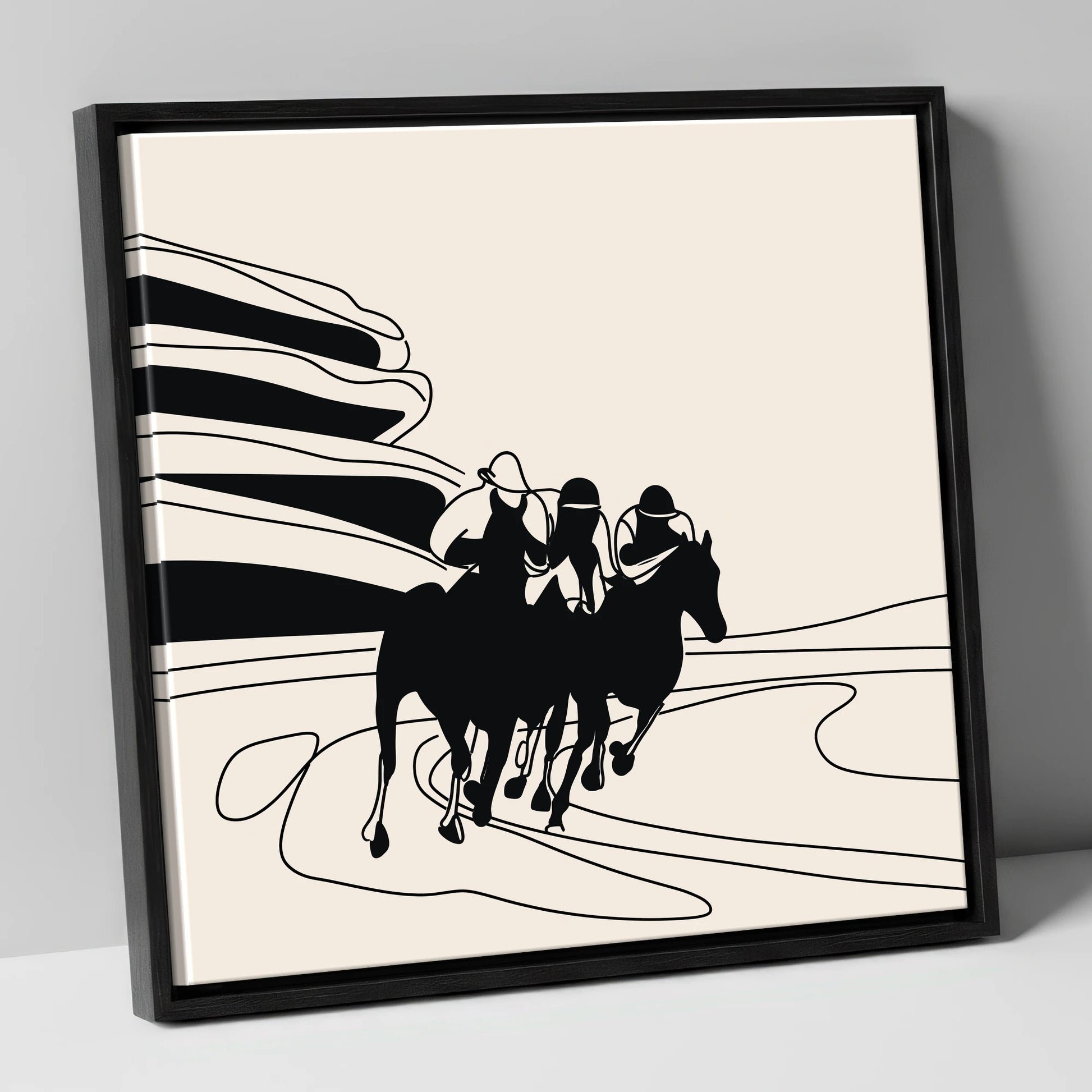 Rounding the Bend racing horse canvas wall art in black frame