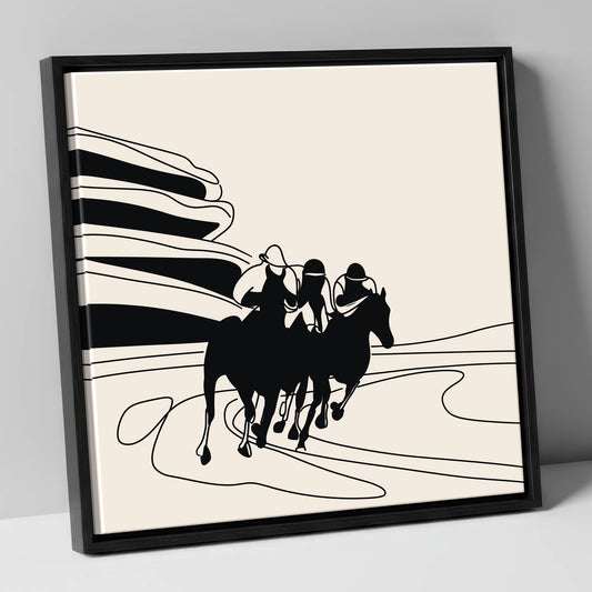 Rounding the Bend racing horse canvas wall art in black frame