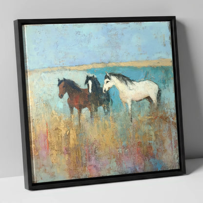 Coastal Companions wild horses canvas wall art in black frame