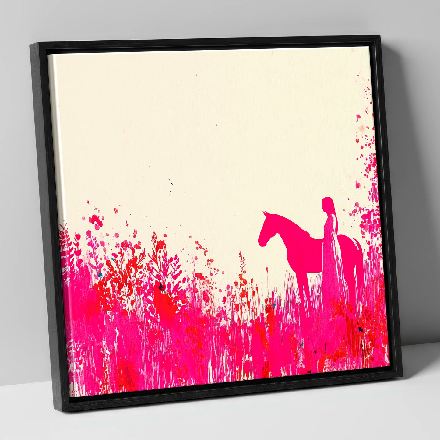 Vibrant Magenta Silhouette horse & rider canvas wall art in black frame