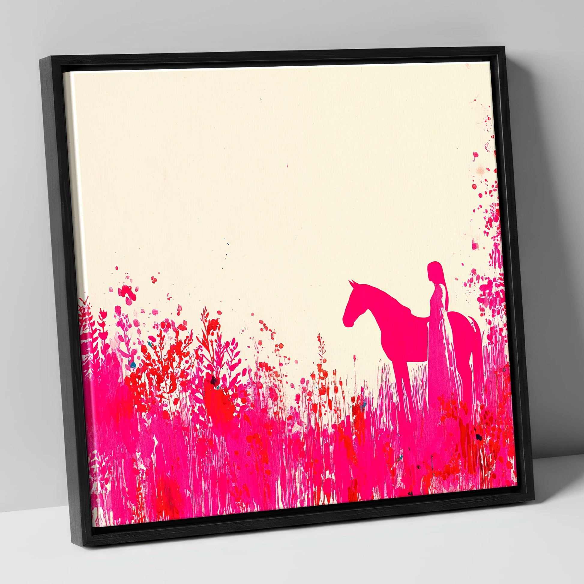 Vibrant Magenta Silhouette horse & rider canvas wall art in black frame
