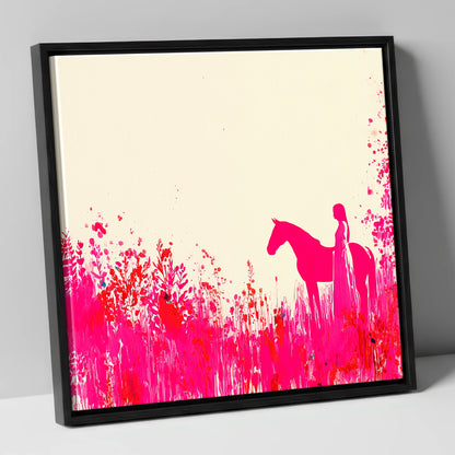 Vibrant Magenta Silhouette horse & rider canvas wall art in black frame