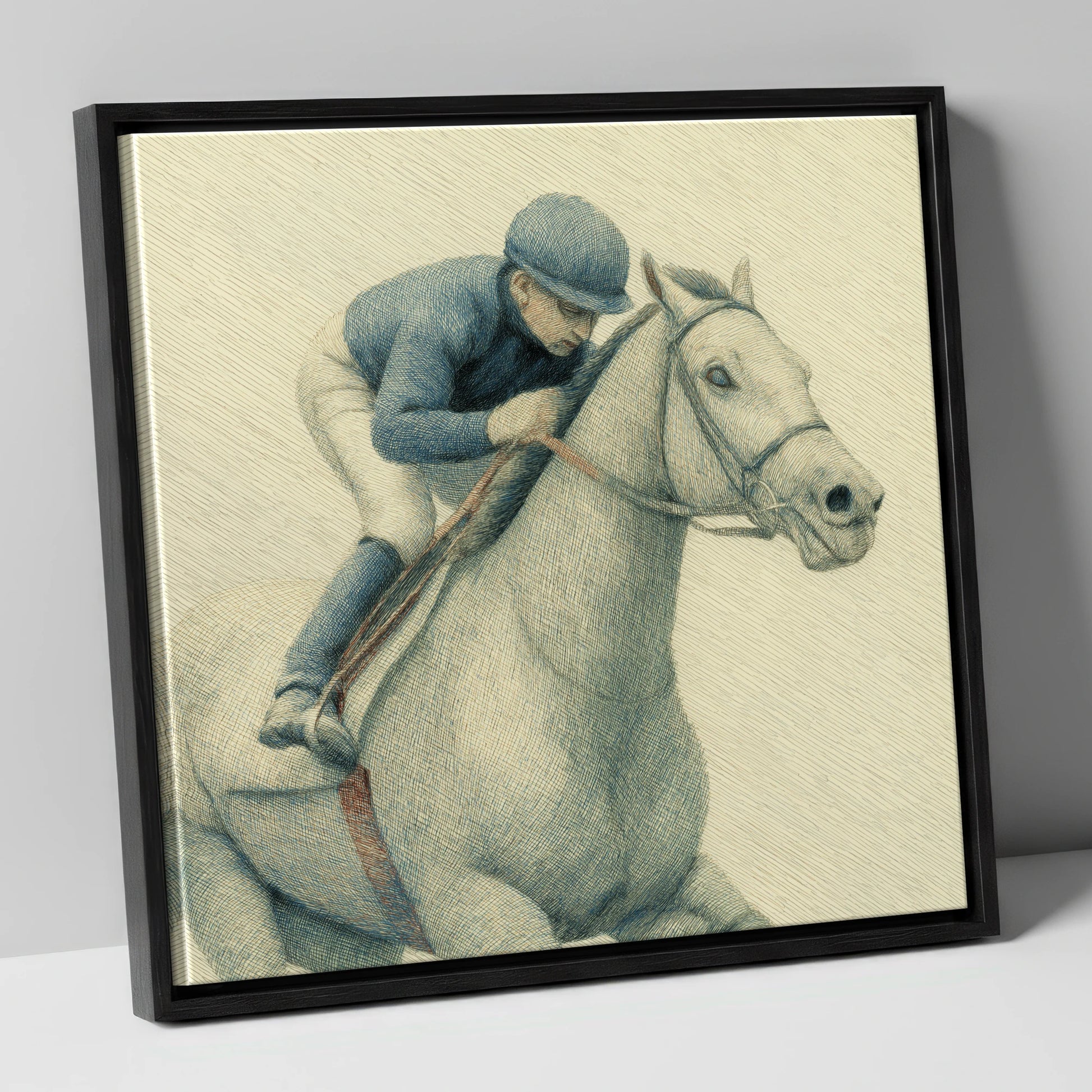 The Blue Silks racing horse canvas wall art in black frame