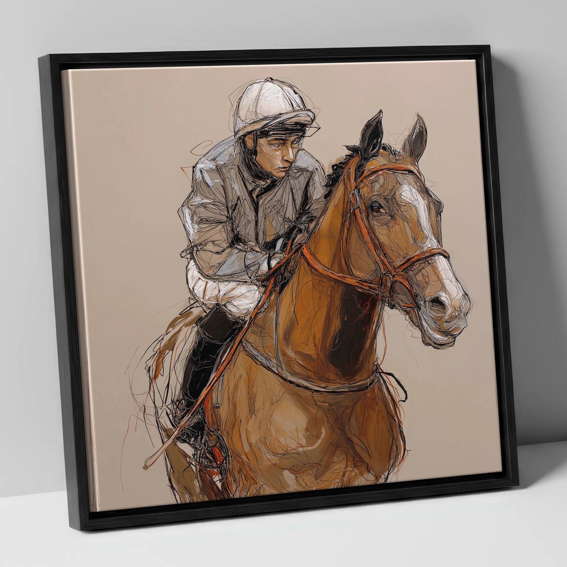 Moments Before the Off racing horse canvas wall art in black frame