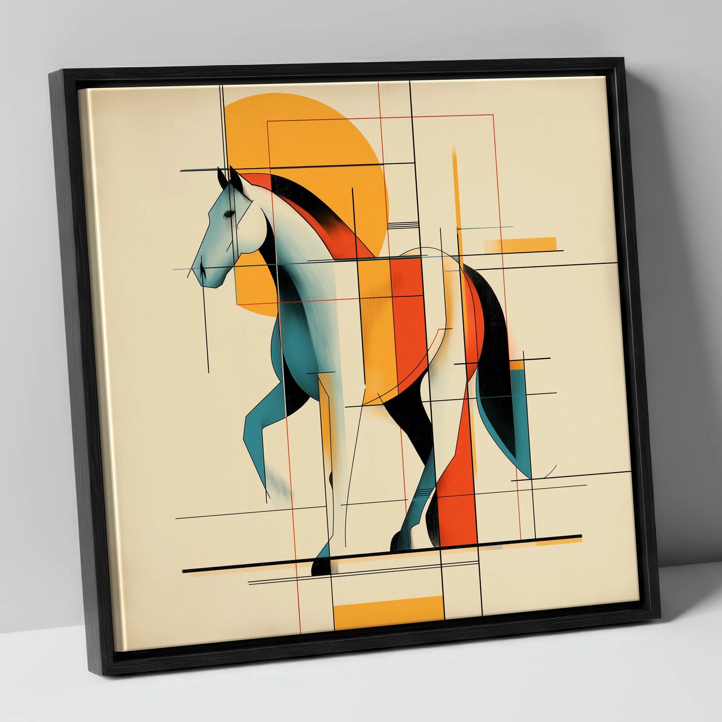 Geometric Equine Rhythm horse portrait canvas wall art in black frame