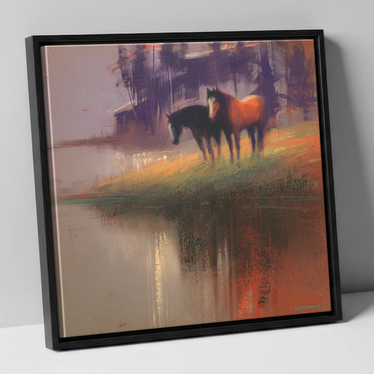 Waterside Reflections wild horses canvas wall art in black frame