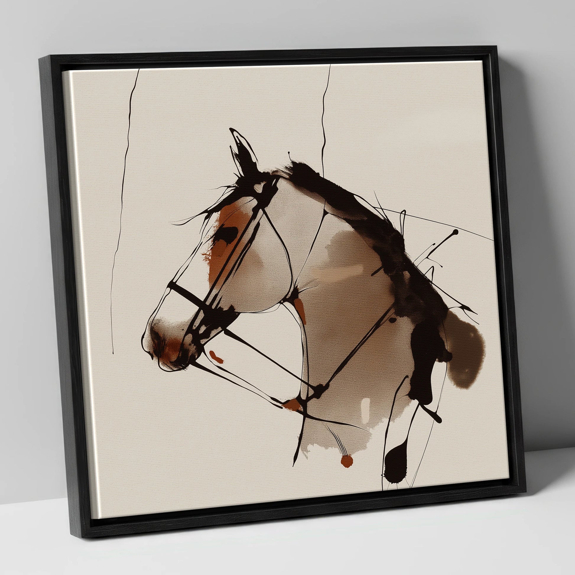 Raw Ink Equine Profile horse portrait canvas wall art in black frame