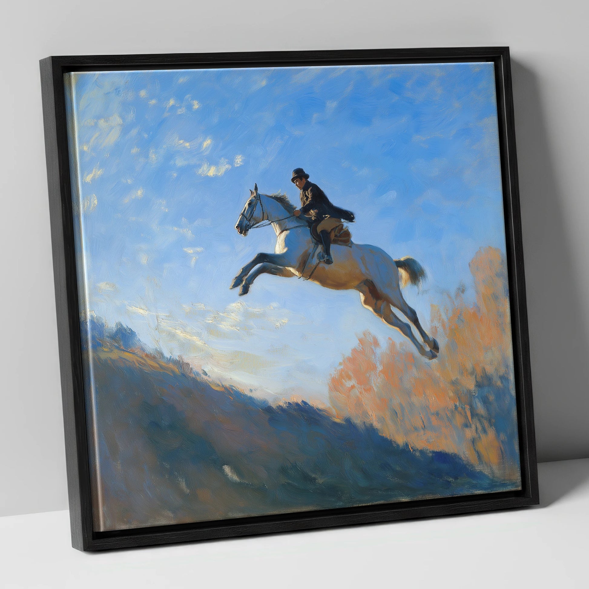 Flight Over The Ridge show jumping horse canvas wall art in black frame