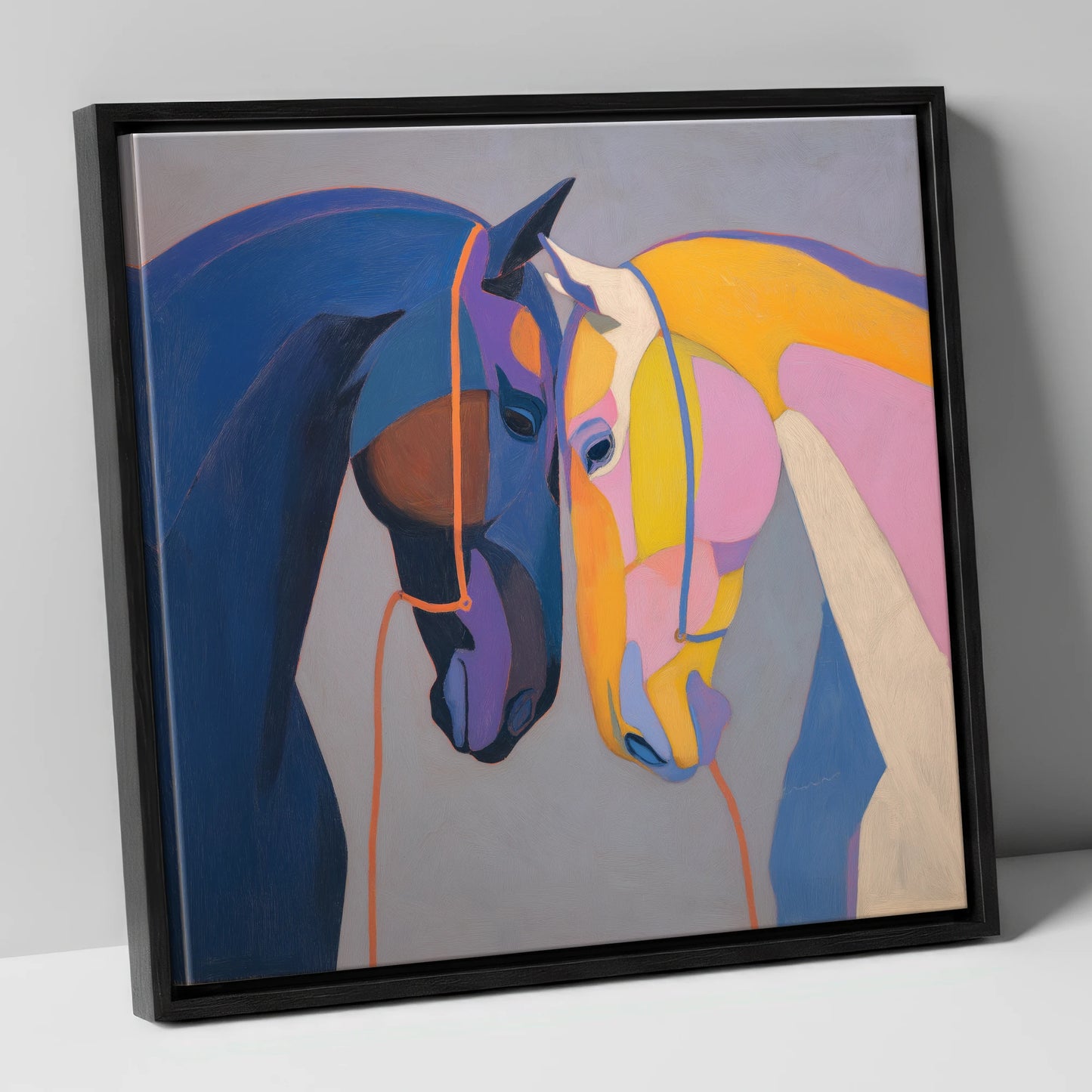 Vibrant Equine Bond horse portrait canvas wall art in black frame