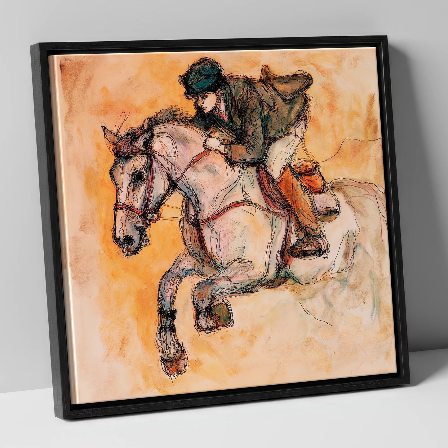 Airborne in Ochre show jumping horse canvas wall art in black frame