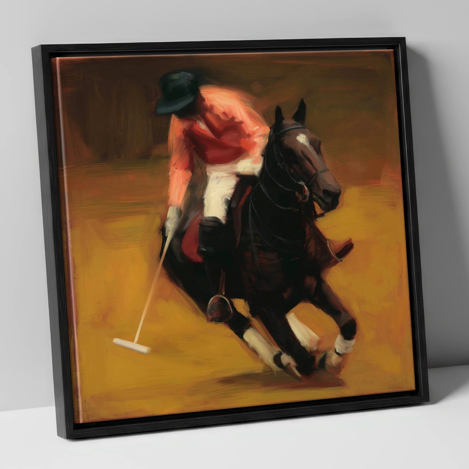 Heat of the Chukka polo horse canvas wall art in black frame
