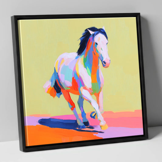 Technicolour Canter horse breed canvas wall art in black frame