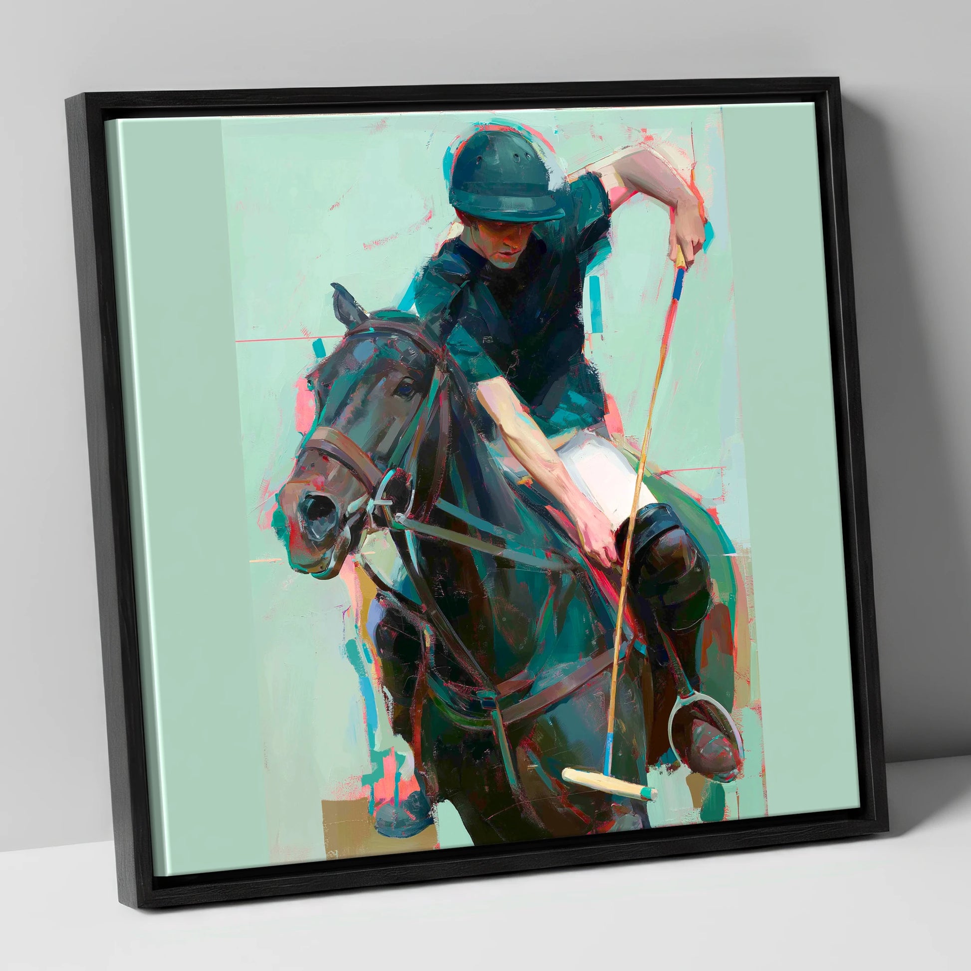 The Decisive Swing polo horse canvas wall art in black frame