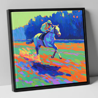 The Vibrant Gallop racing horse canvas wall art in black frame