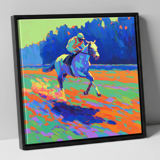 The Vibrant Gallop racing horse canvas wall art in black frame