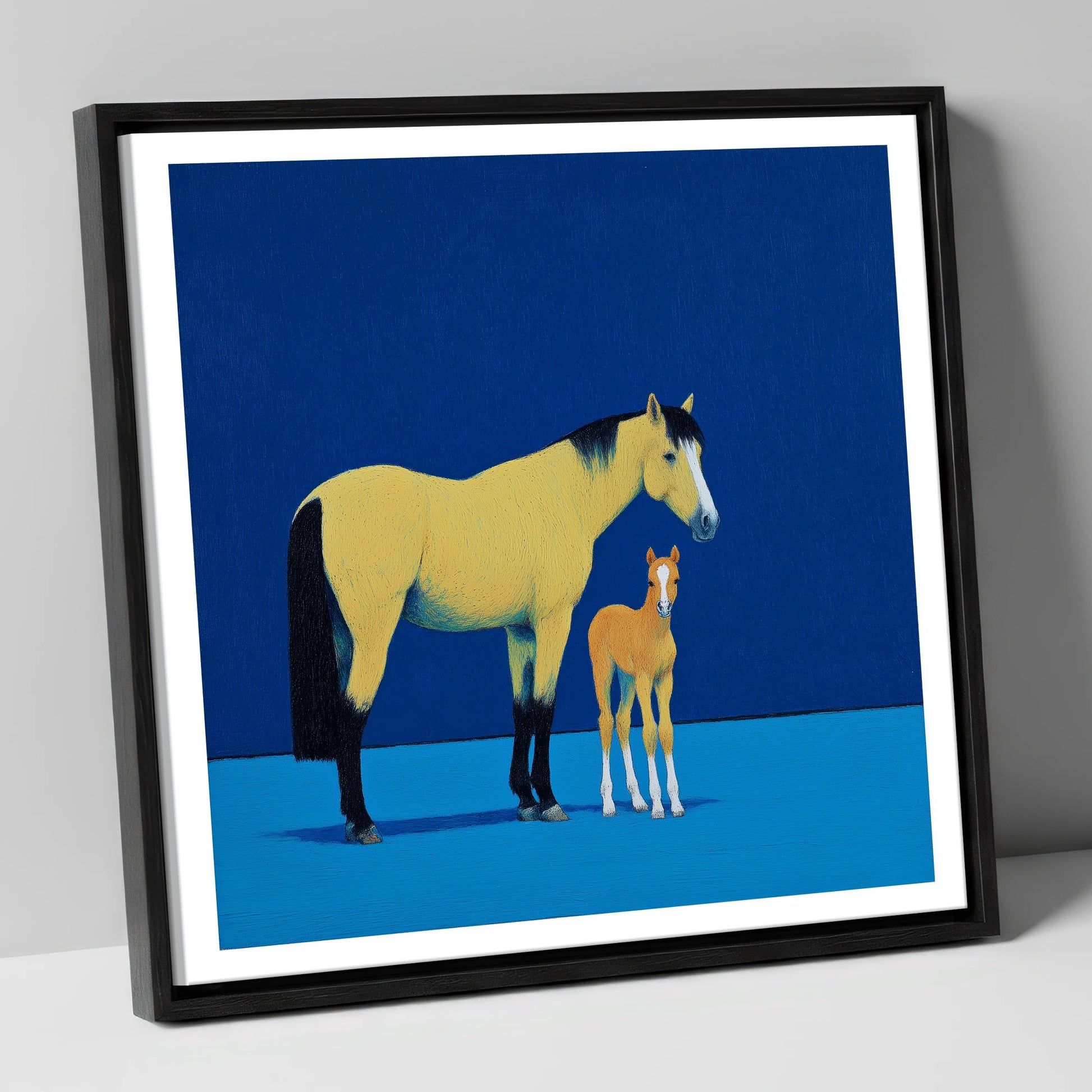 Striking Bonds in Blue mare & foal canvas wall art in black frame