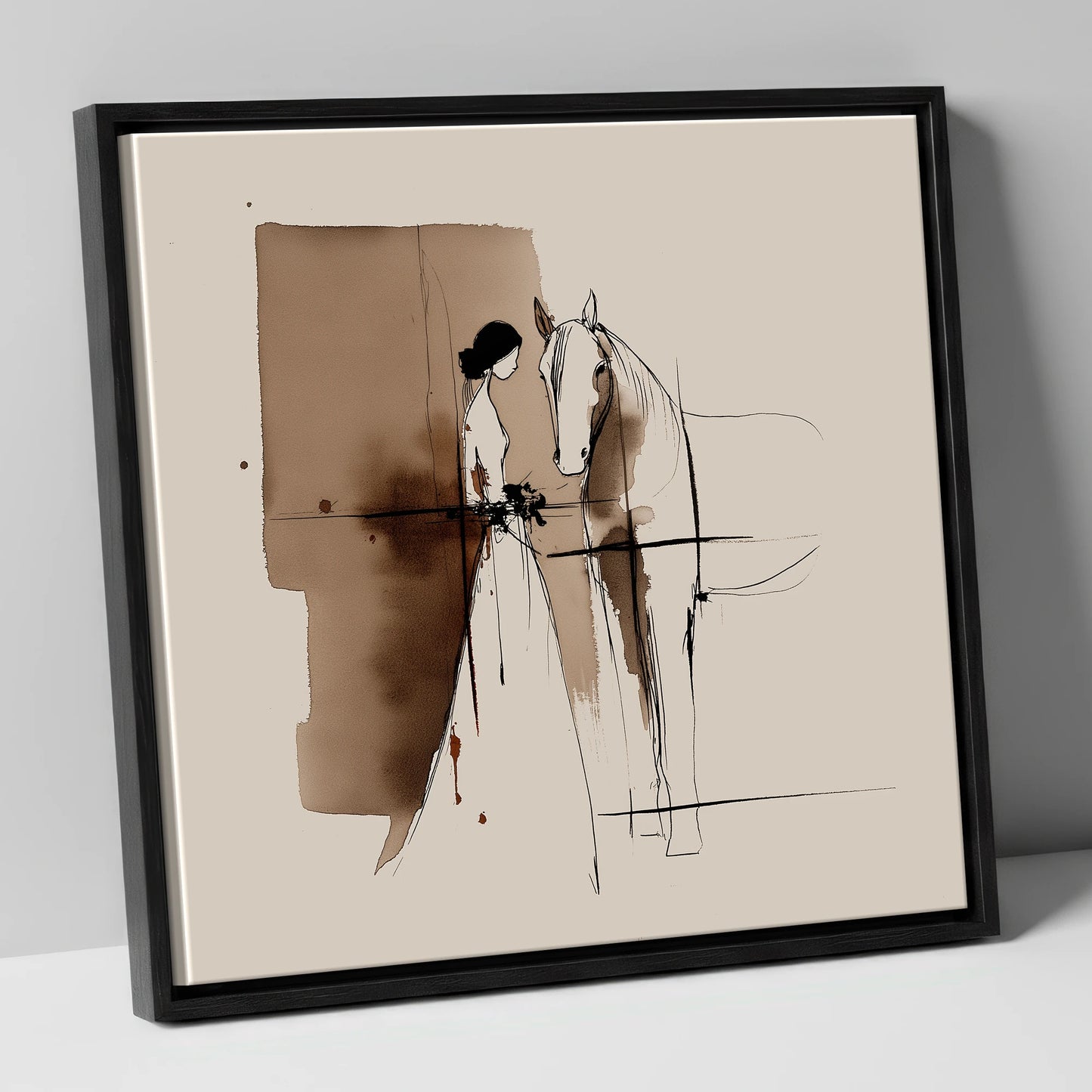 Silent Devotion horse & rider canvas wall art in black frame
