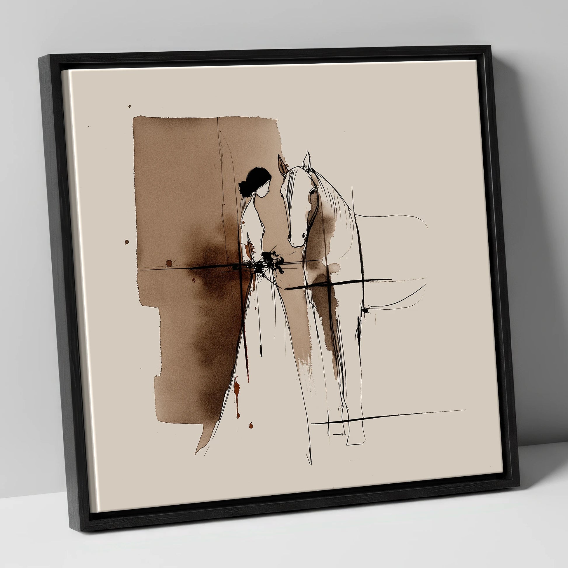 Silent Devotion horse & rider canvas wall art in black frame