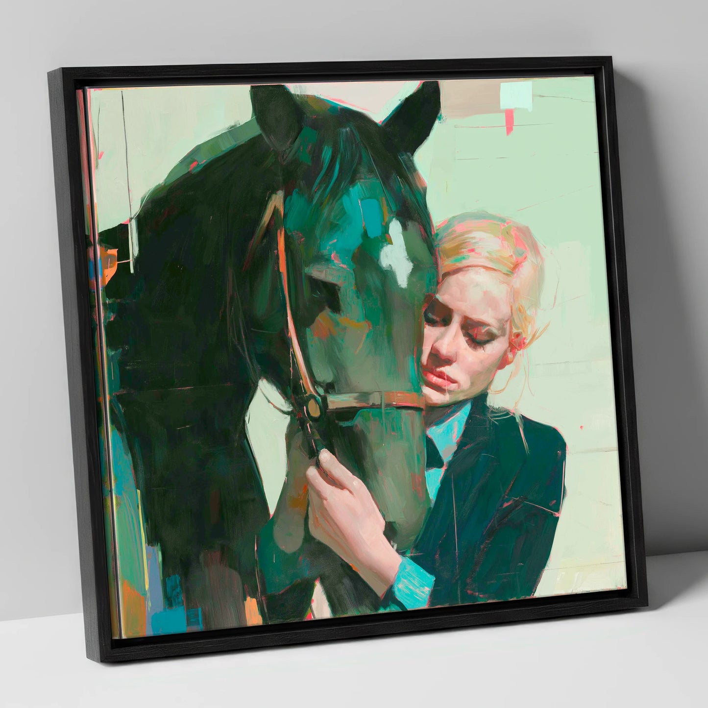 Quiet Connection horse & rider canvas wall art in black frame