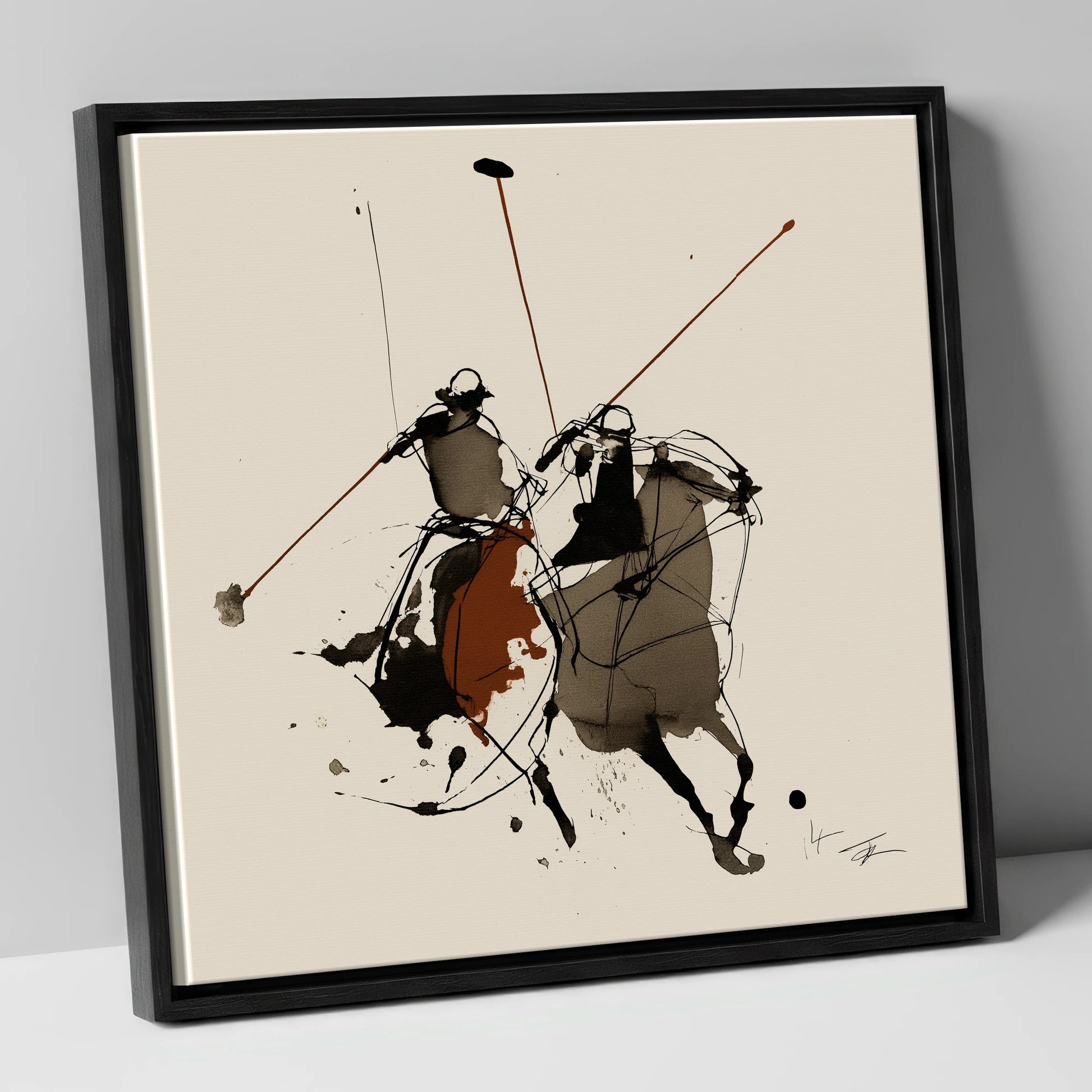 The Ride-Off polo horse canvas wall art in black frame