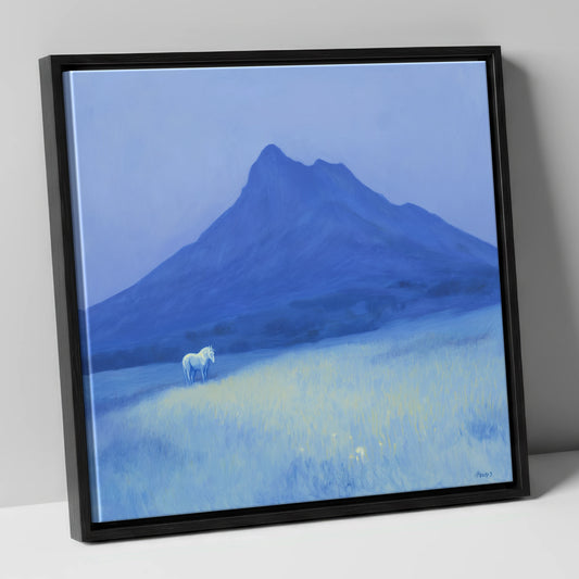 Azure Mountain Solitude horse landscape canvas wall art in black frame