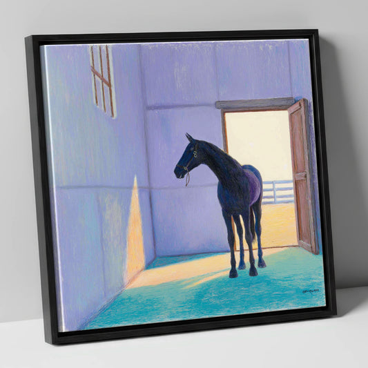 Sunlit Stable Shadows horse stable canvas wall art in black frame