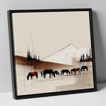Tranquil Grazing Herd horse landscape canvas wall art in black frame
