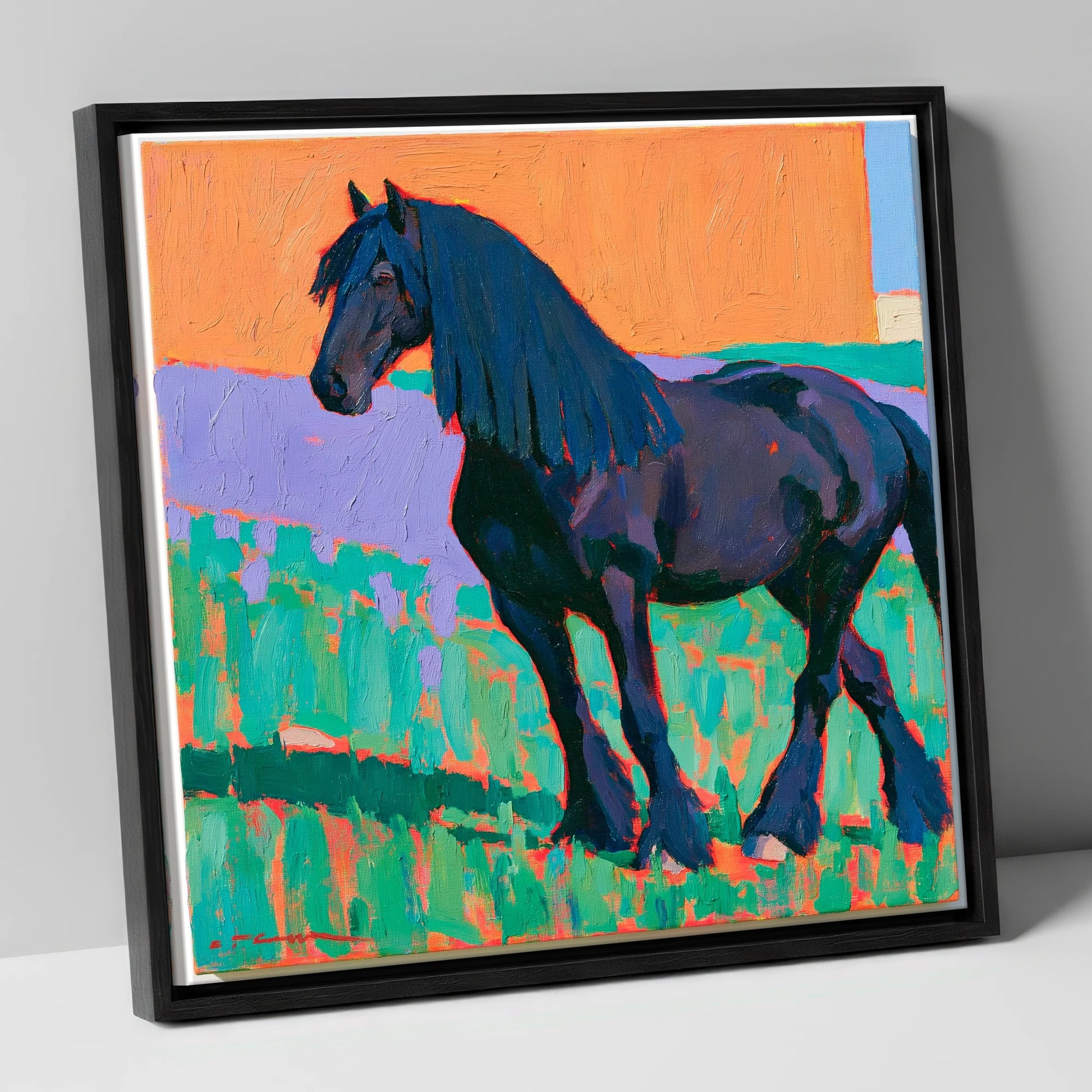 Friesian Horse in Vivid Colour horse breed canvas wall art in black frame