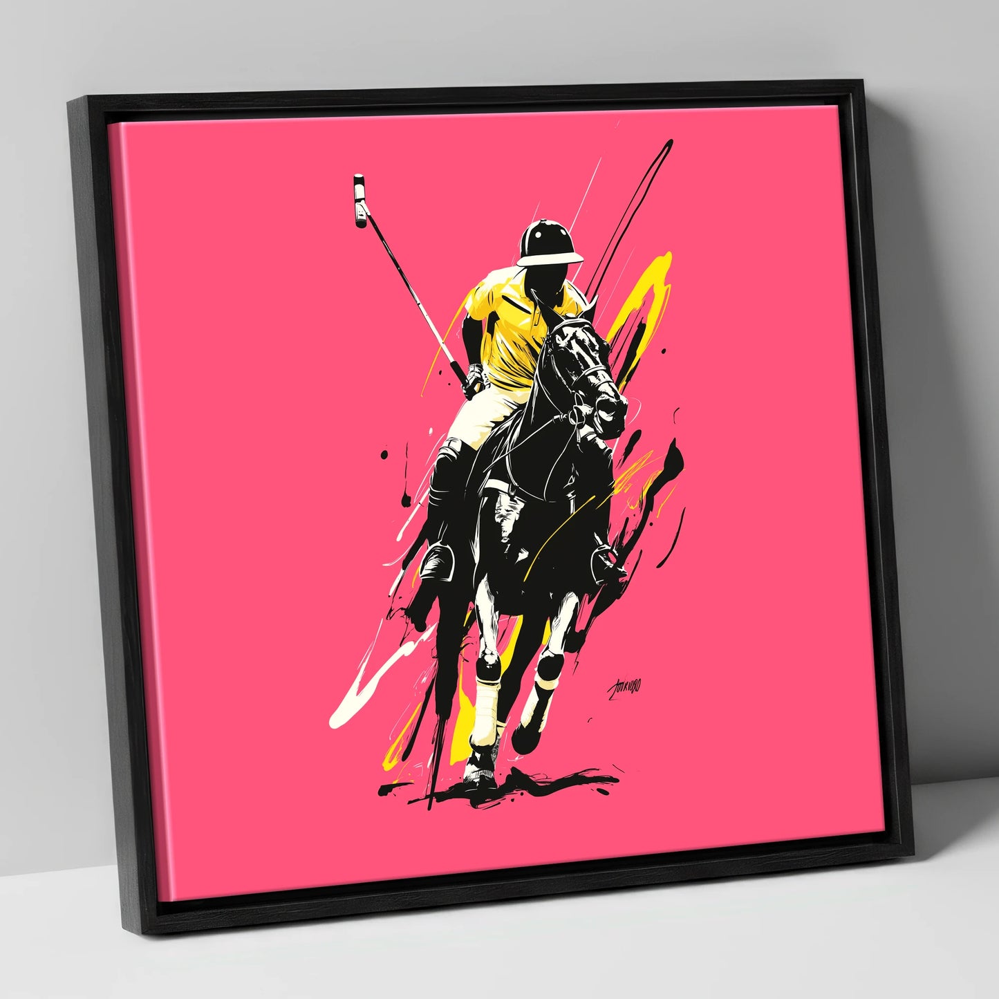 Velocity in Magenta polo horse canvas wall art in black frame