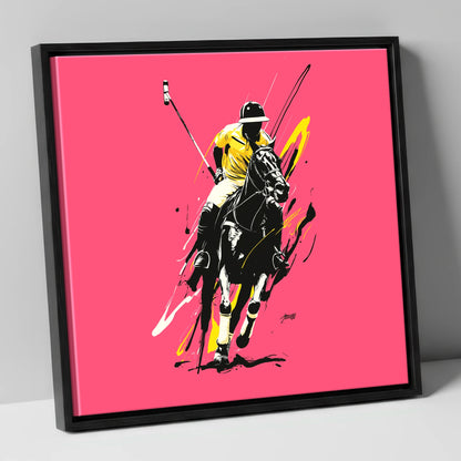 Velocity in Magenta polo horse canvas wall art in black frame