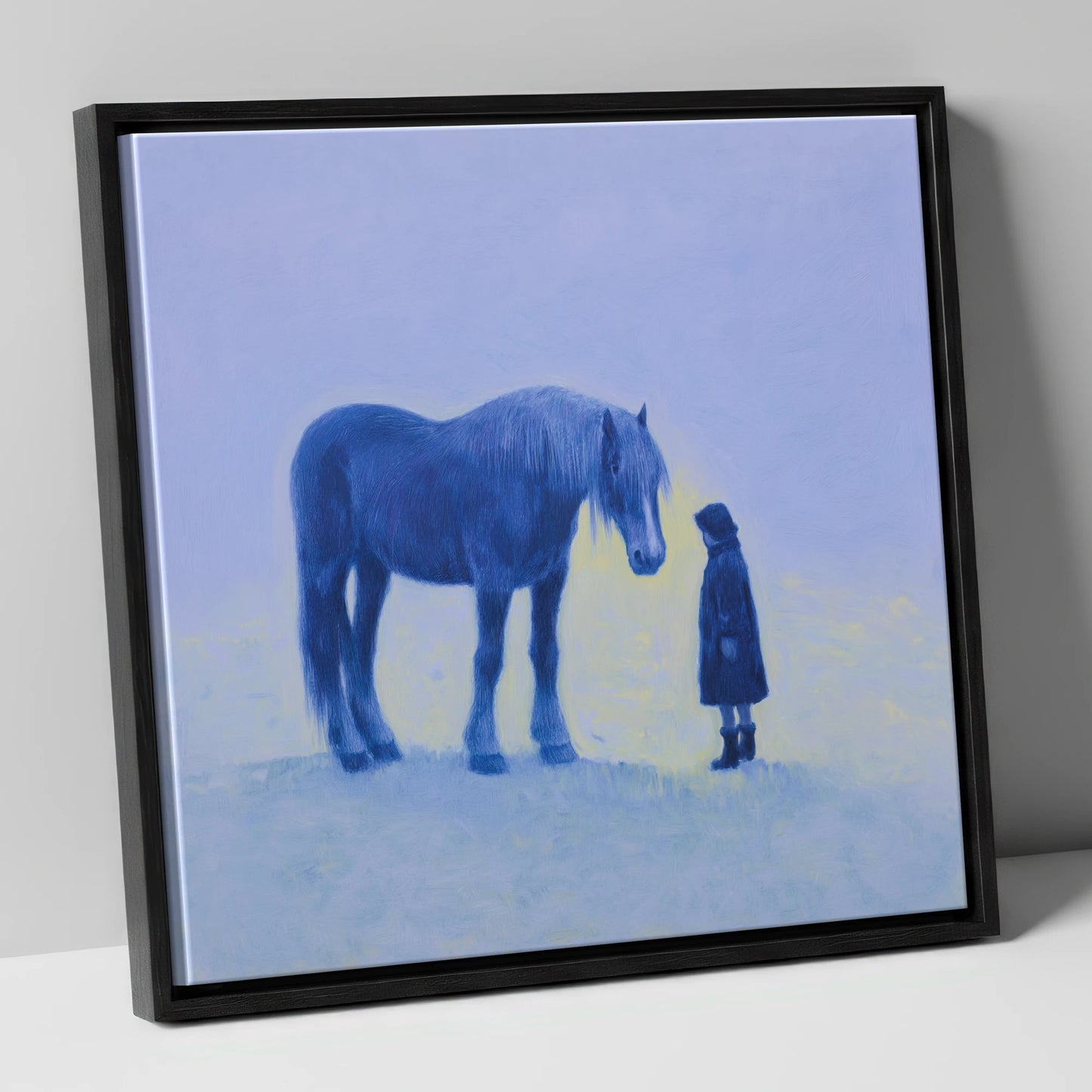 The Indigo Encounter horse & rider canvas wall art in black frame