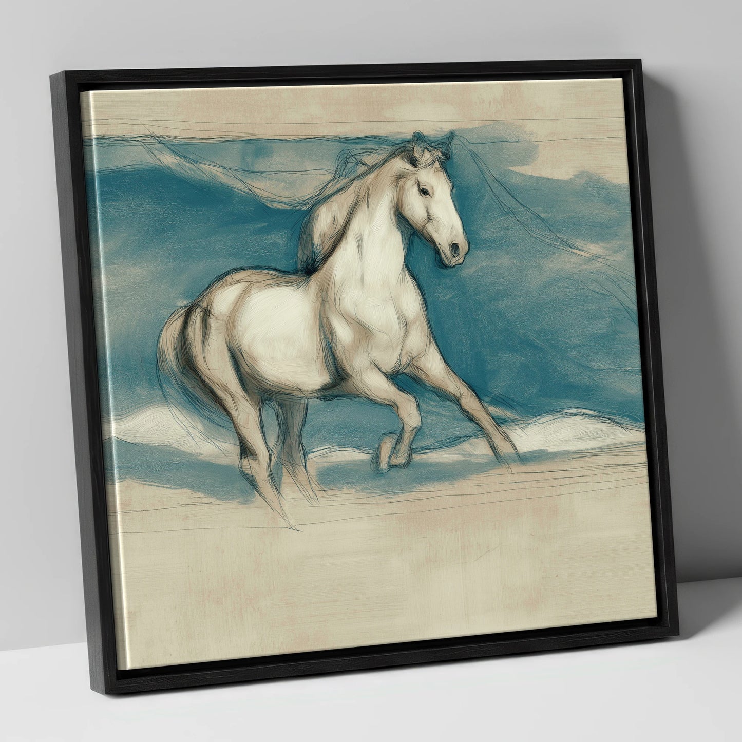 Ethereal Grey Canter horse portrait canvas wall art in black frame
