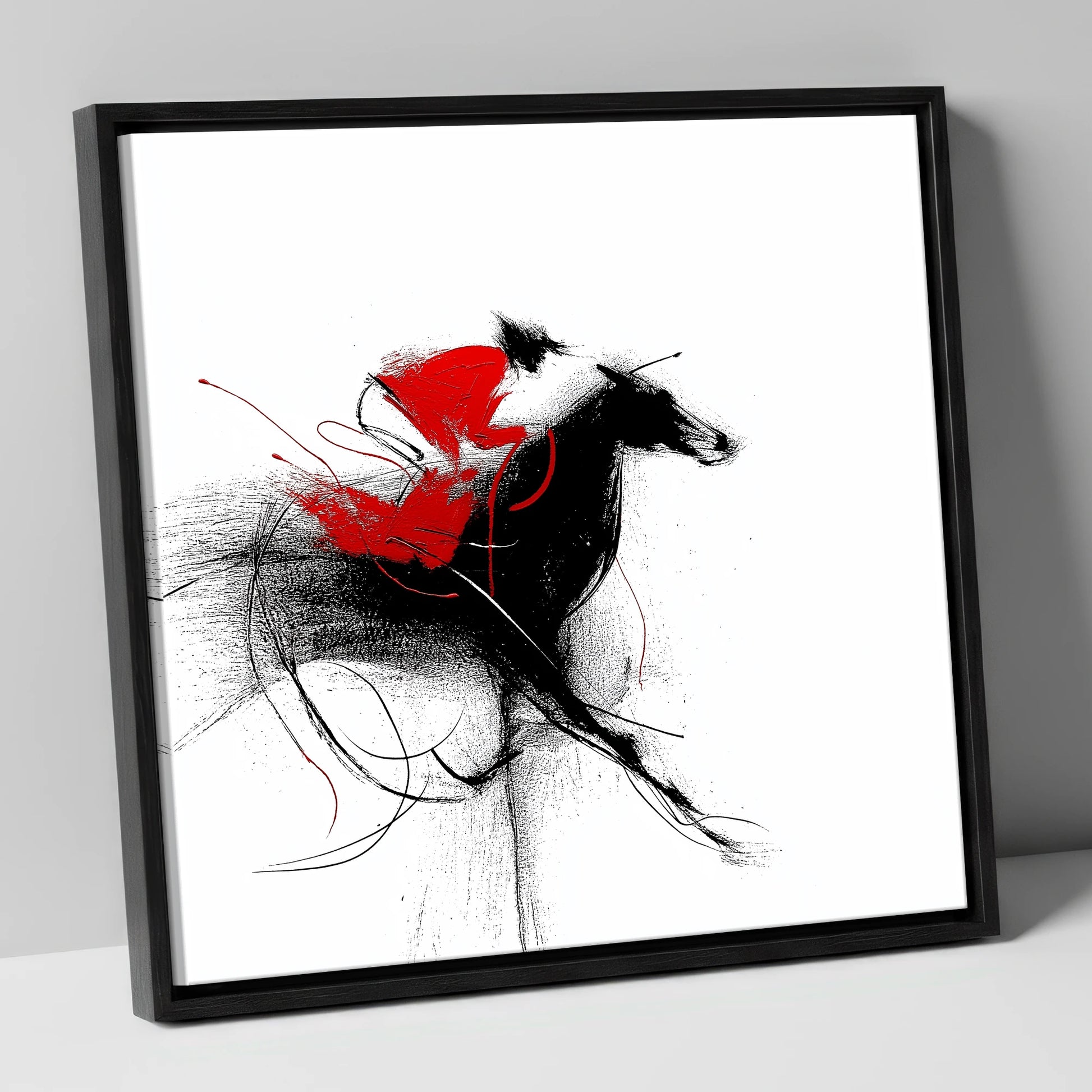 Crimson Sprint racing horse canvas wall art in black frame