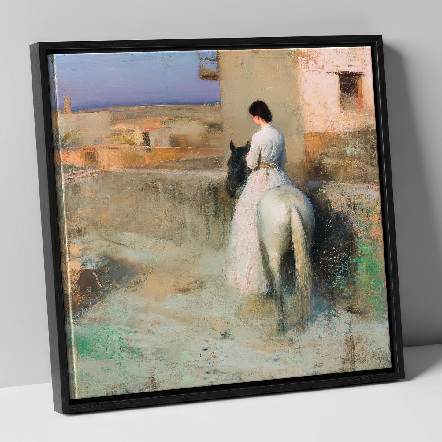 Distant Horizons horse & rider canvas wall art in black frame
