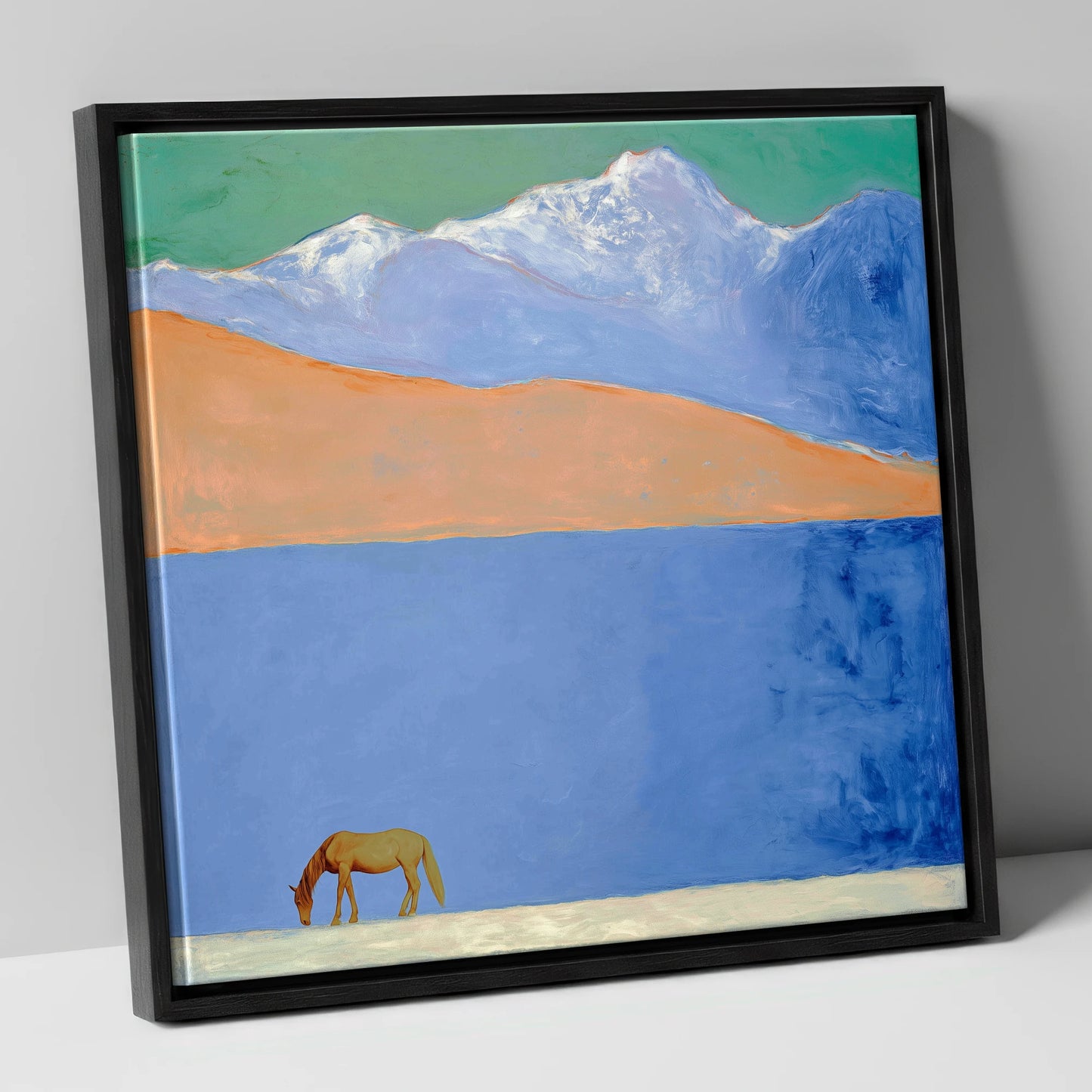 Alpine Solitude horse landscape canvas wall art in black frame