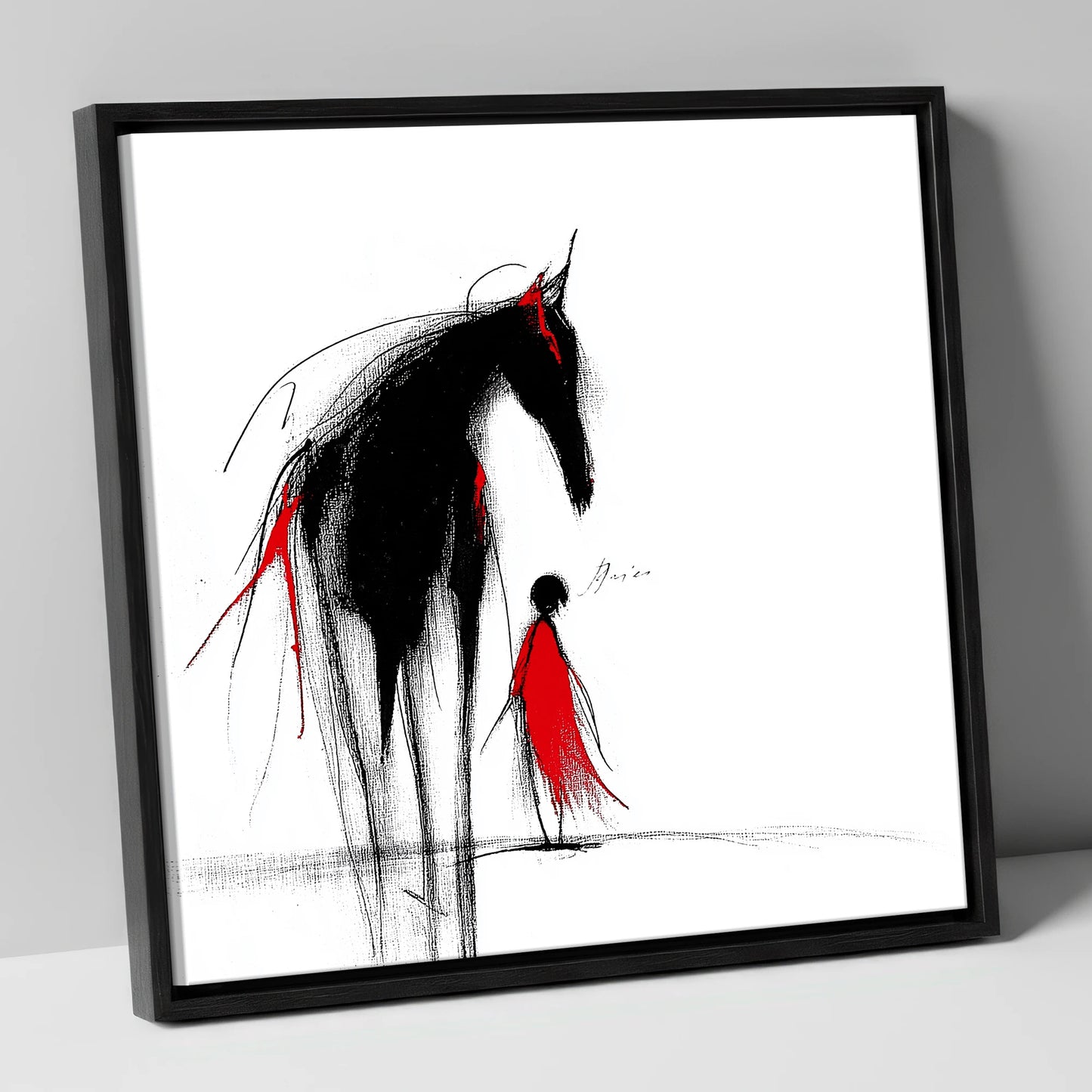 Crimson Silhouette horse & rider canvas wall art in black frame