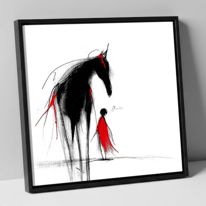 Crimson Silhouette horse & rider canvas wall art in black frame