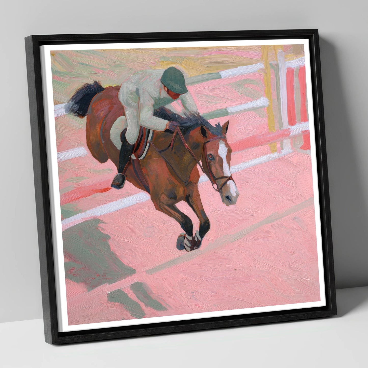Suspended in Pink show jumping horse canvas wall art in black frame