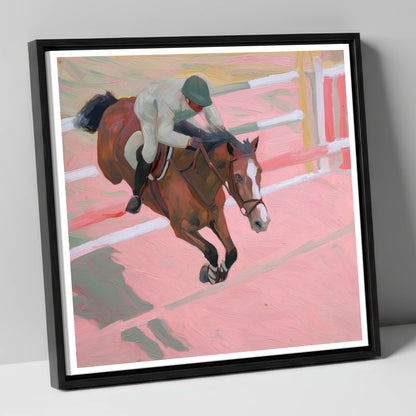 Suspended in Pink show jumping horse canvas wall art in black frame