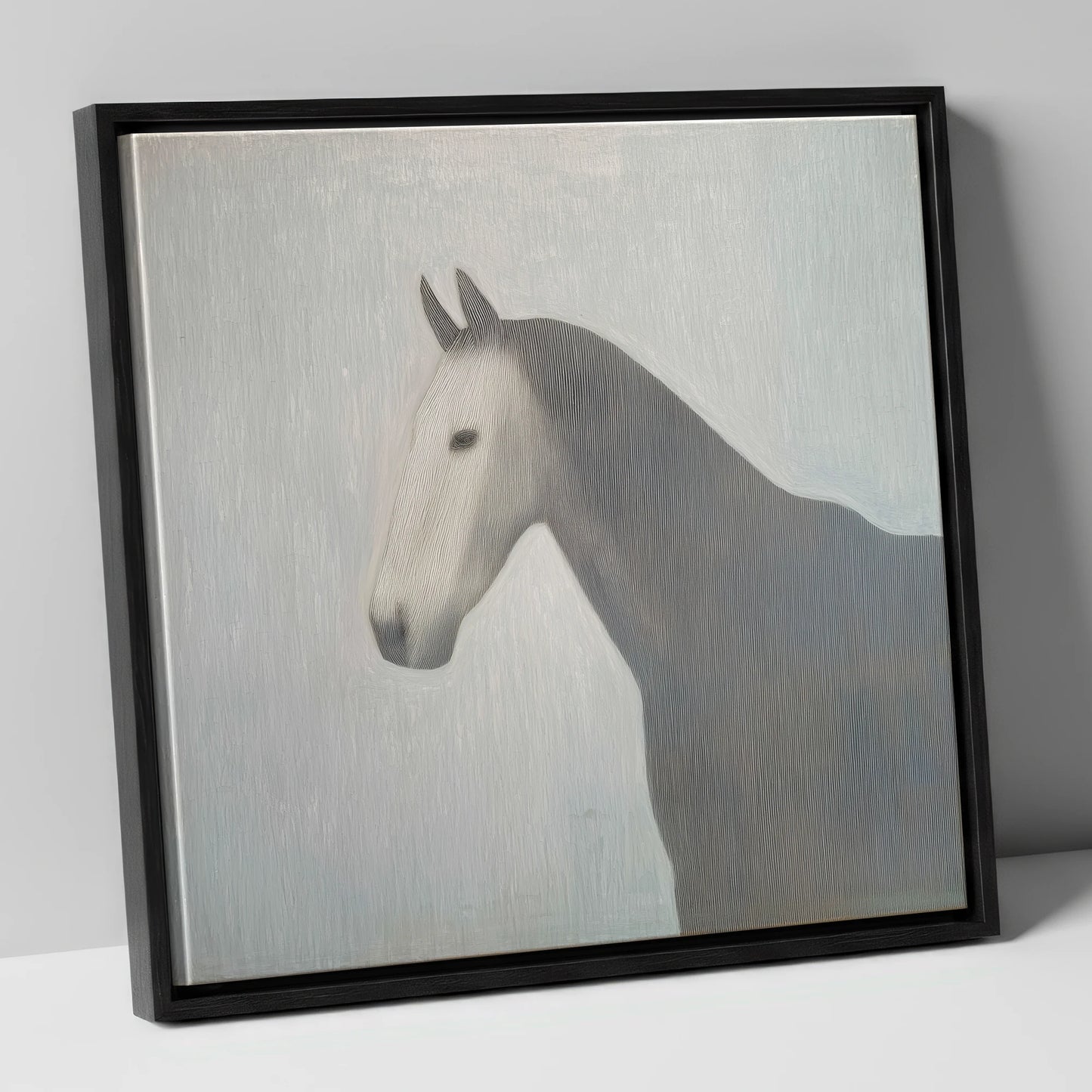 Linear Elegance horse portrait canvas wall art in black frame