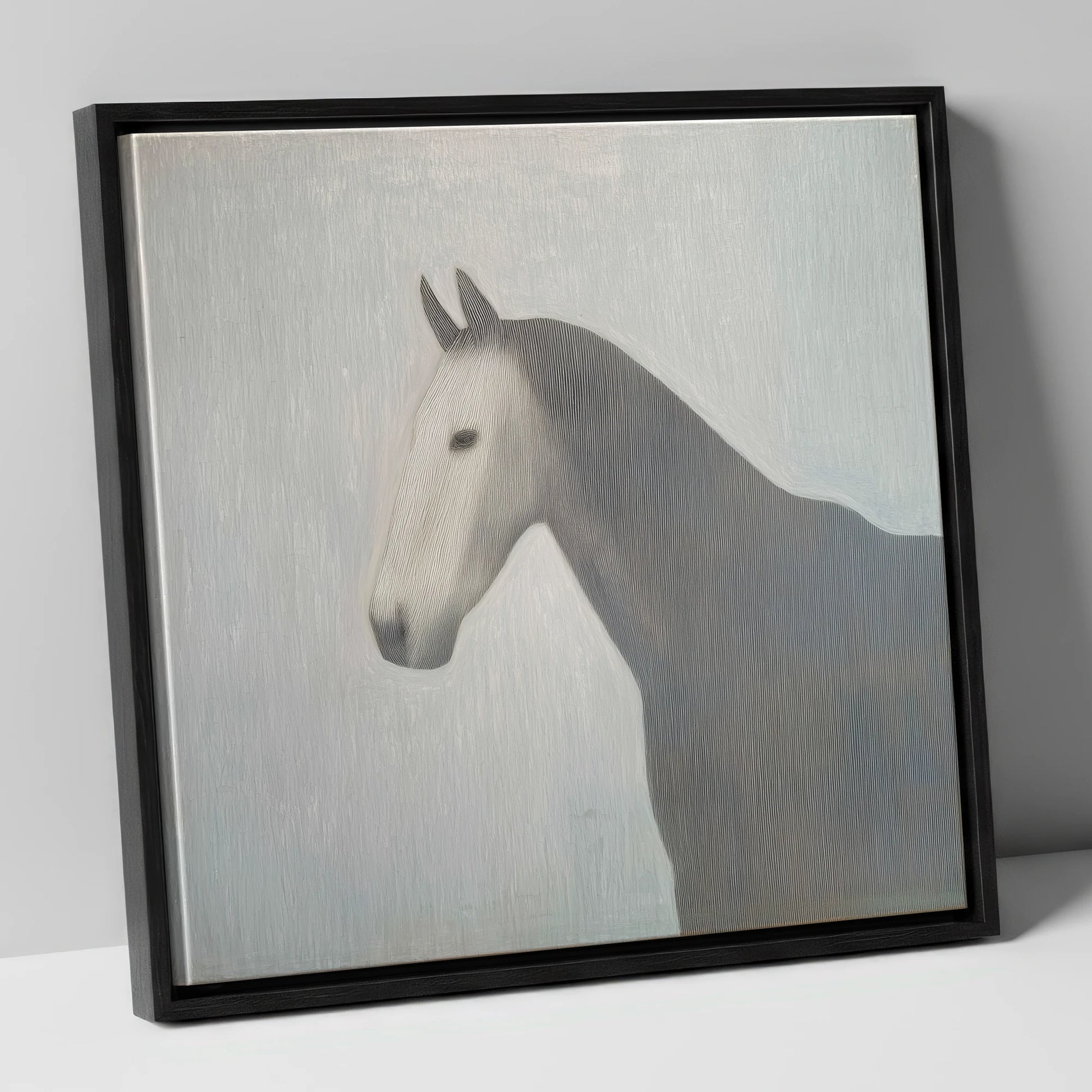 Linear Elegance horse portrait canvas wall art in black frame