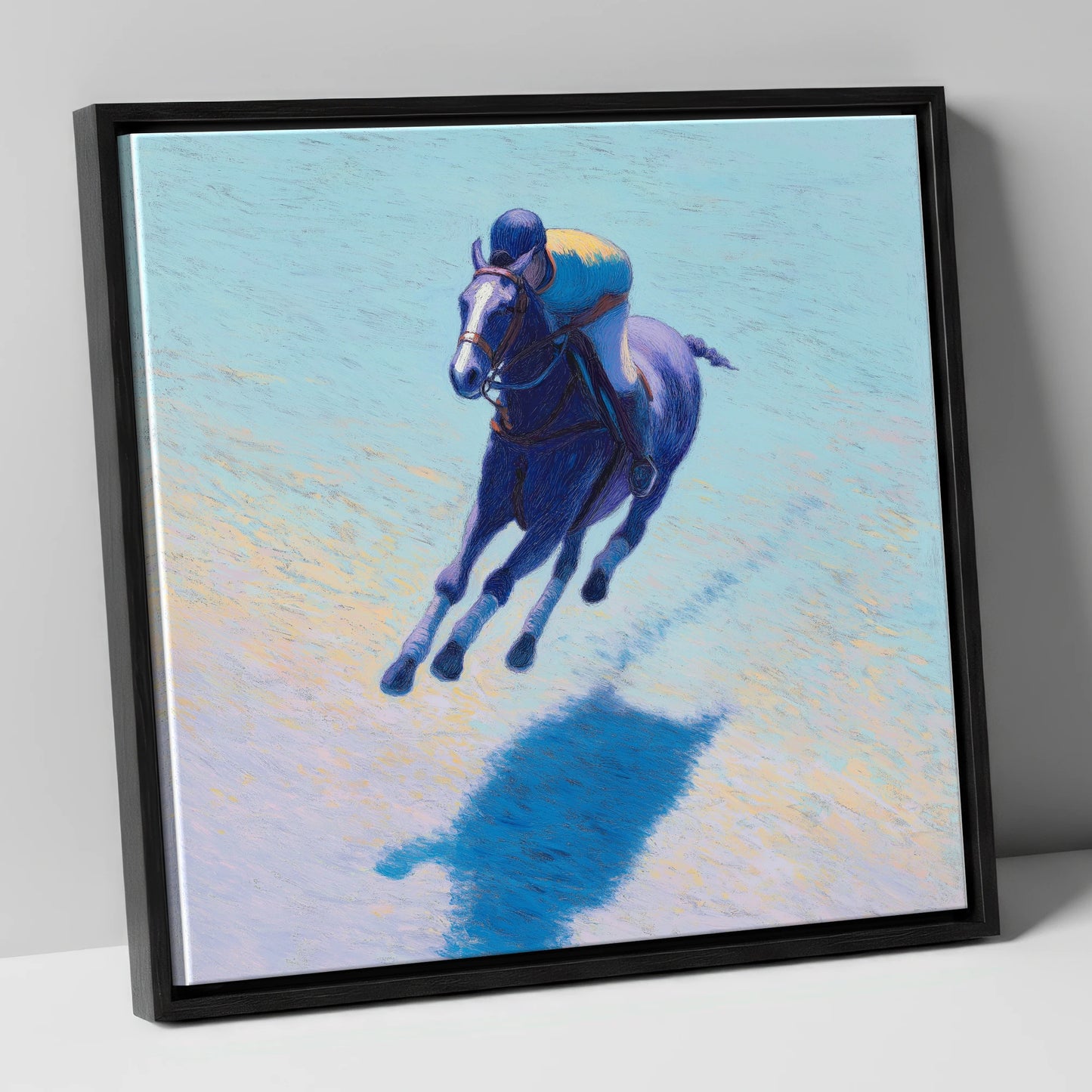 The Indigo Gallop polo horse canvas wall art in black frame
