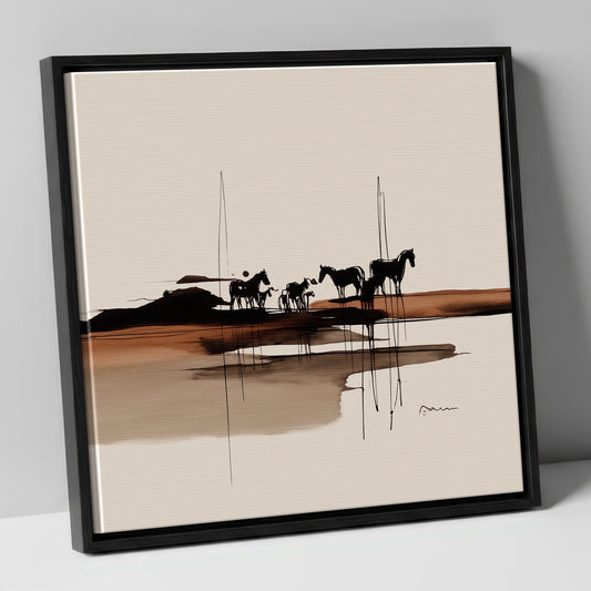 Herd on the Horizon horse landscape canvas wall art in black frame