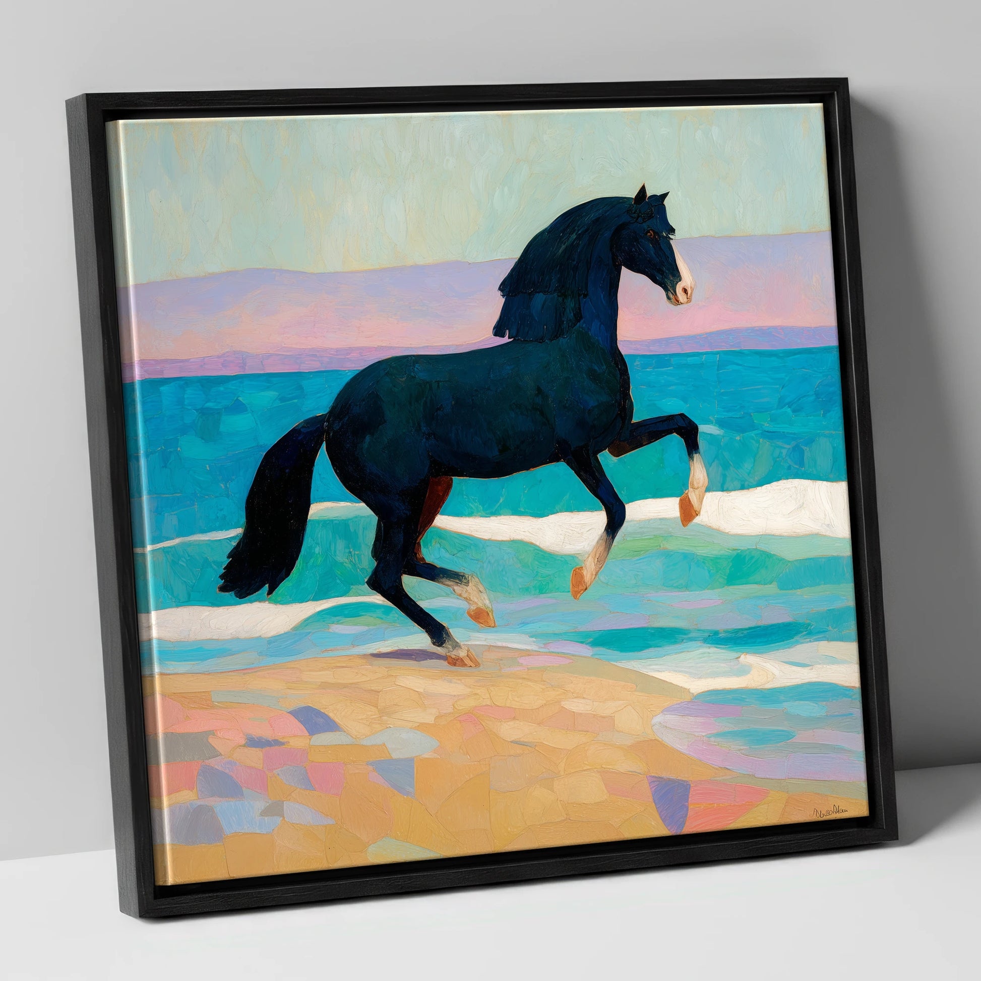 Azure Coastal Rhythm horse landscape canvas wall art in black frame