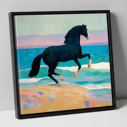 Azure Coastal Rhythm horse landscape canvas wall art in black frame