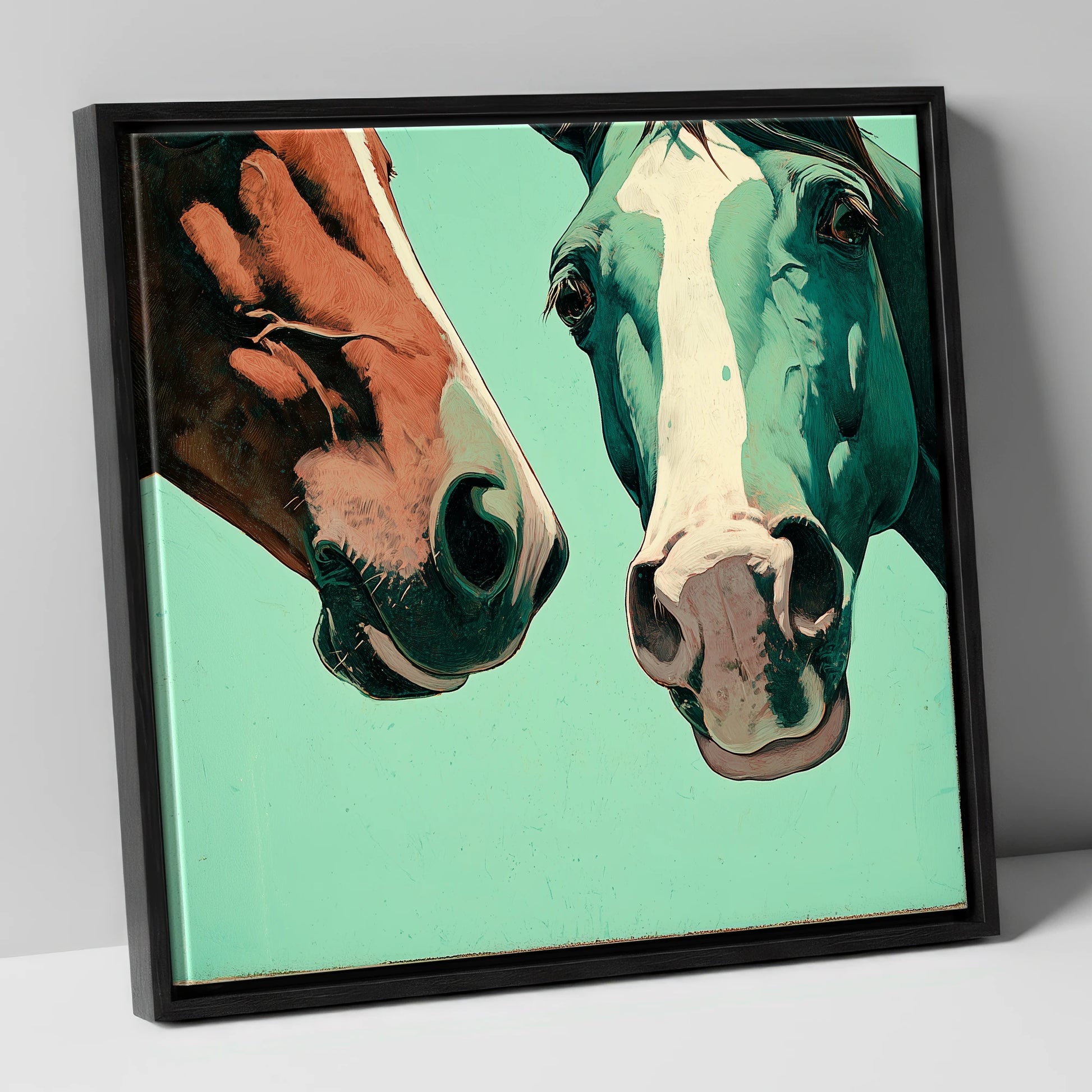 Inquisitive Companions horse portrait canvas wall art in black frame