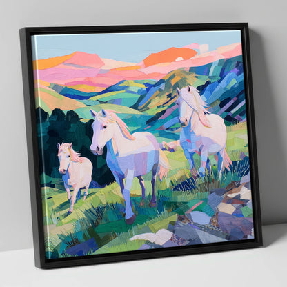 Vibrant Valley Herd horse landscape canvas wall art in black frame