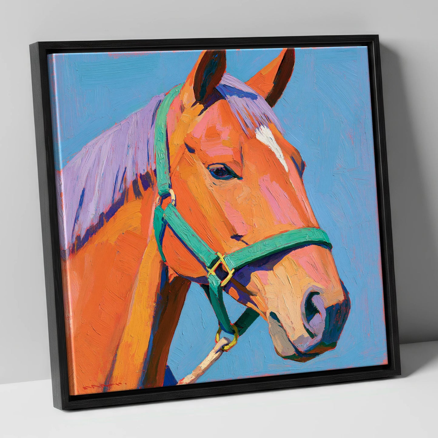Colourful Chestnut Horse Portrait horse breed canvas wall art in black frame